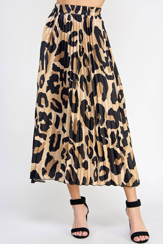 Leopard Print Pleated Midi Skirt