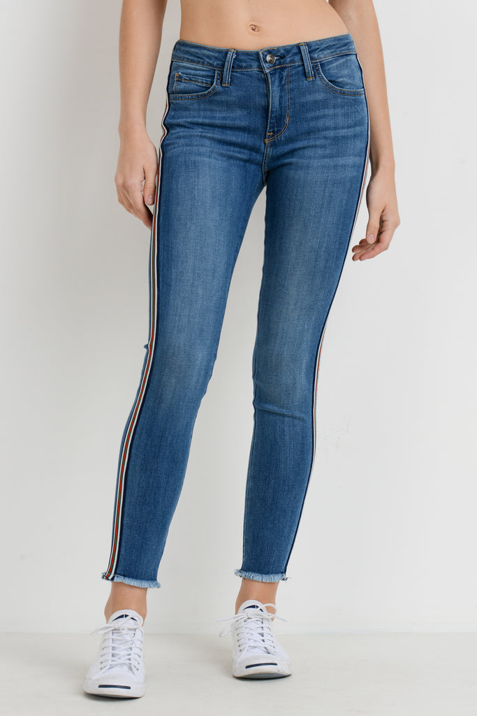 Skinny Stripe Jeans with Frayed Hem at Maria Vincent Boutique