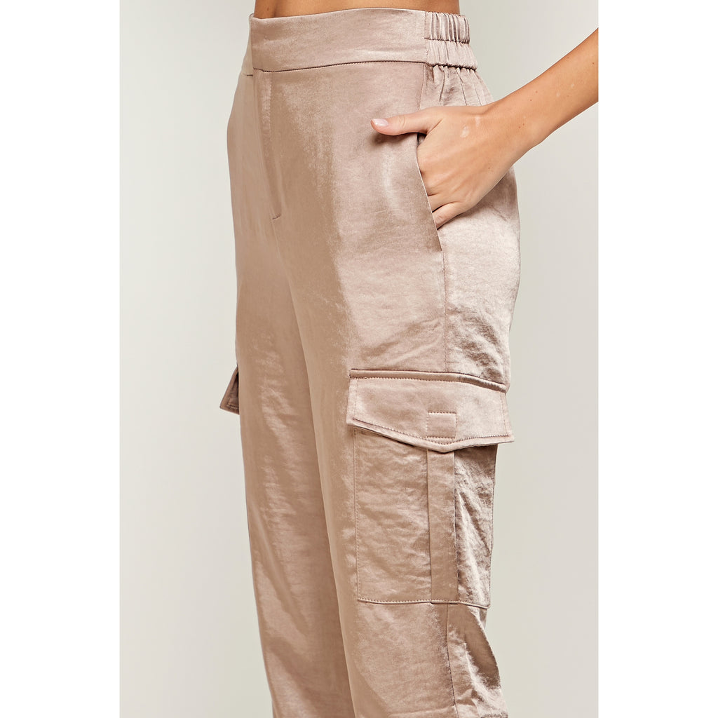 Tan Satin Cargo Pants at Maria Vincent Boutique