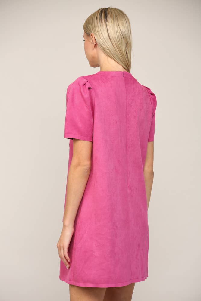 Bubblegum Pink Jewel Embellished Puff Sleeve Shift Dress