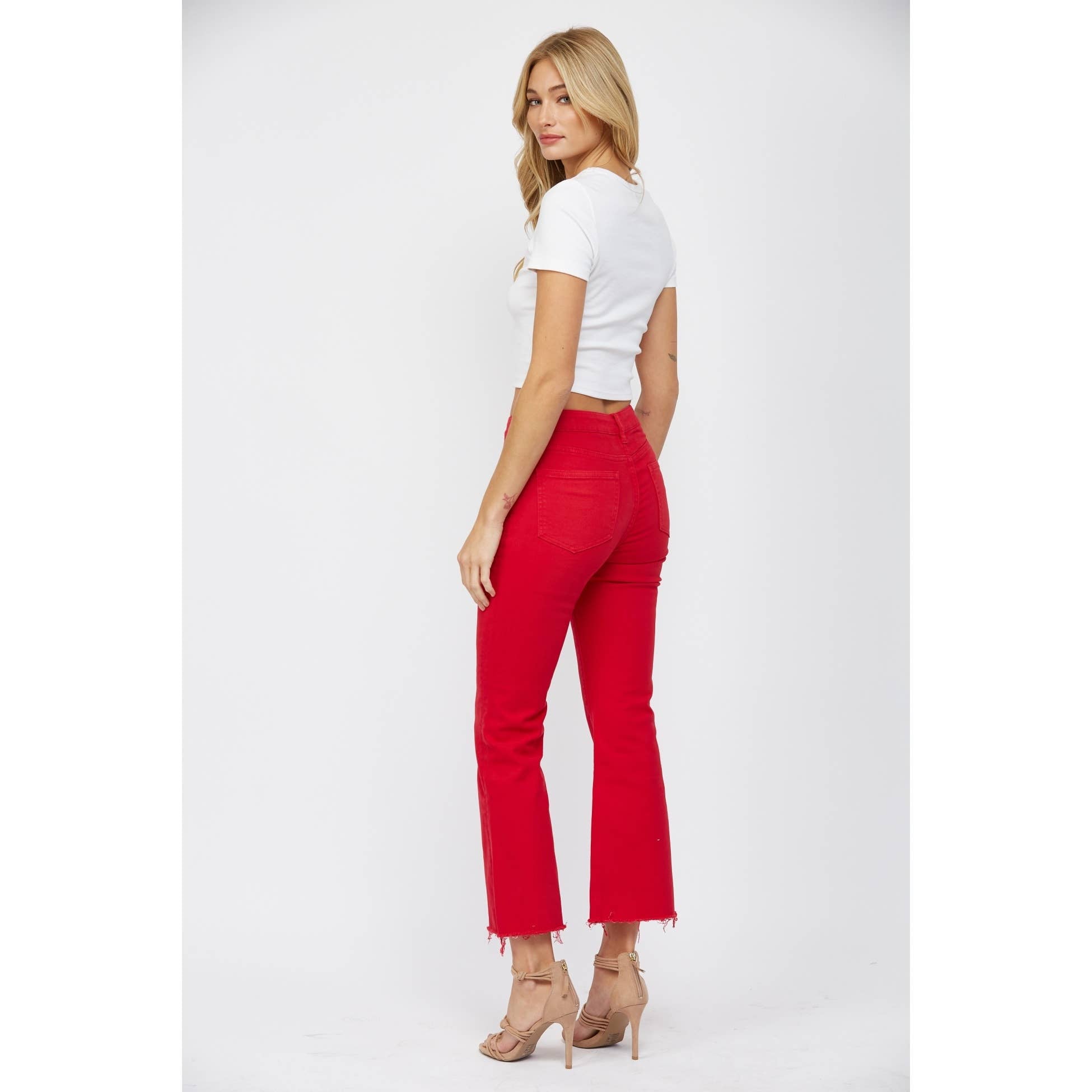 Red High Rise Ankle Flare Jeans