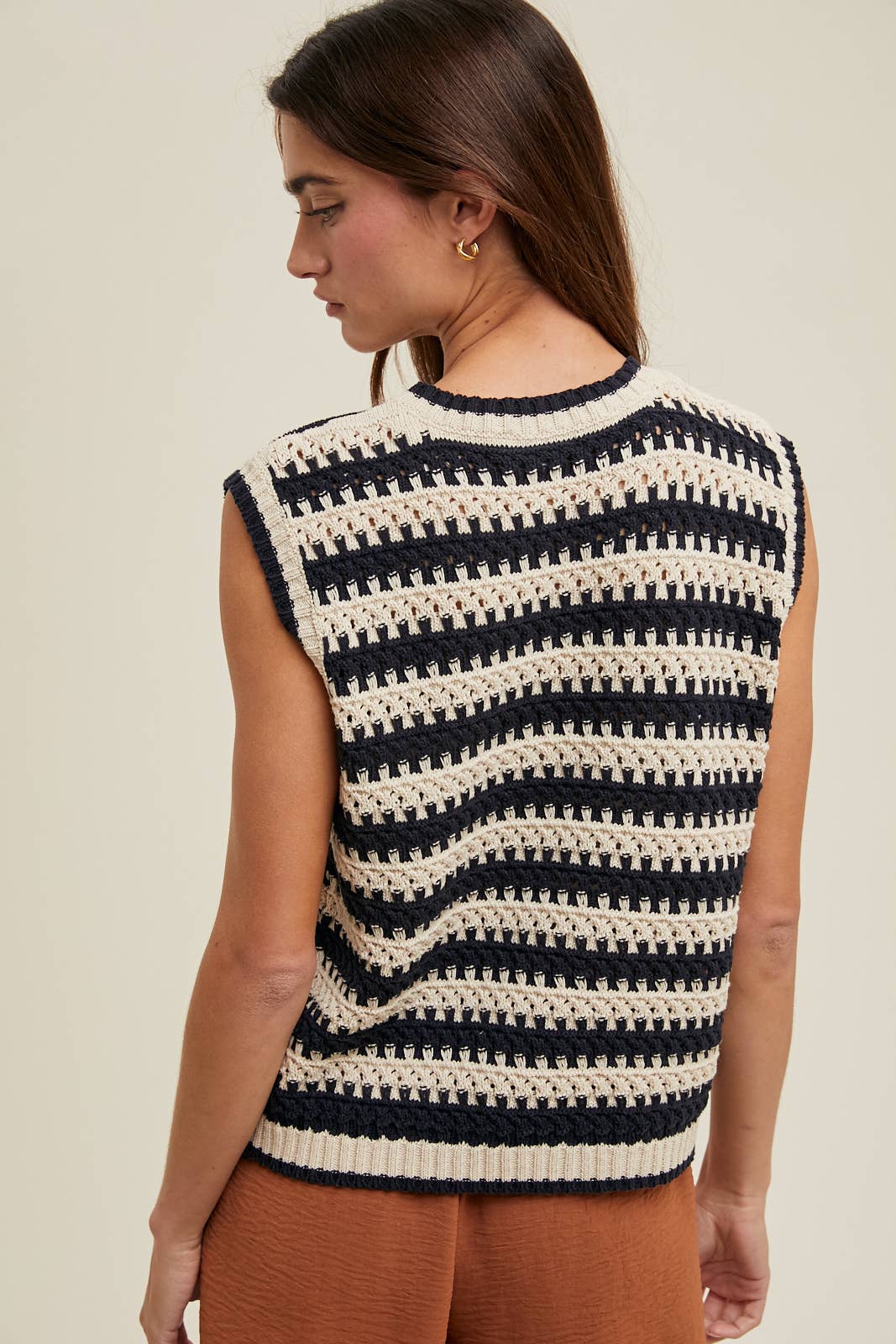 Black and Tan Striped Crochet Sleeveless Sweater