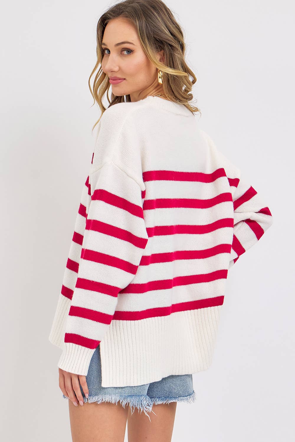 Red/Ivory Striped Pullover Oversized Sweater