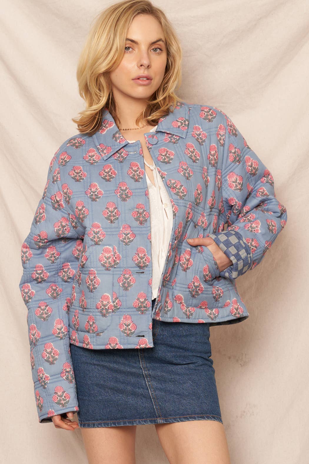 Blue Floral/Checkered Reversible Quilted Jacket