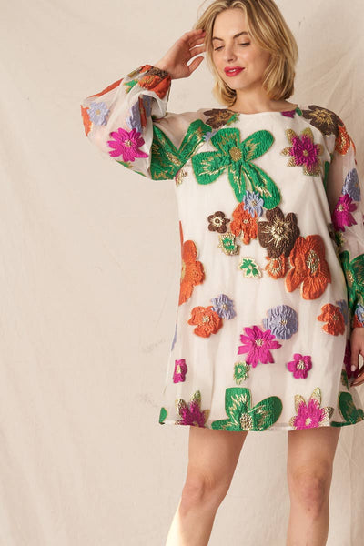 Floral Organza Bubble Sleeve Mini Dress