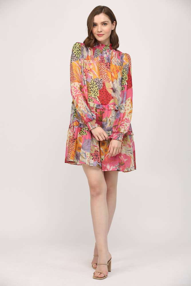 Mixed Floral Chiffon Smocked Yoke High Neck Dress