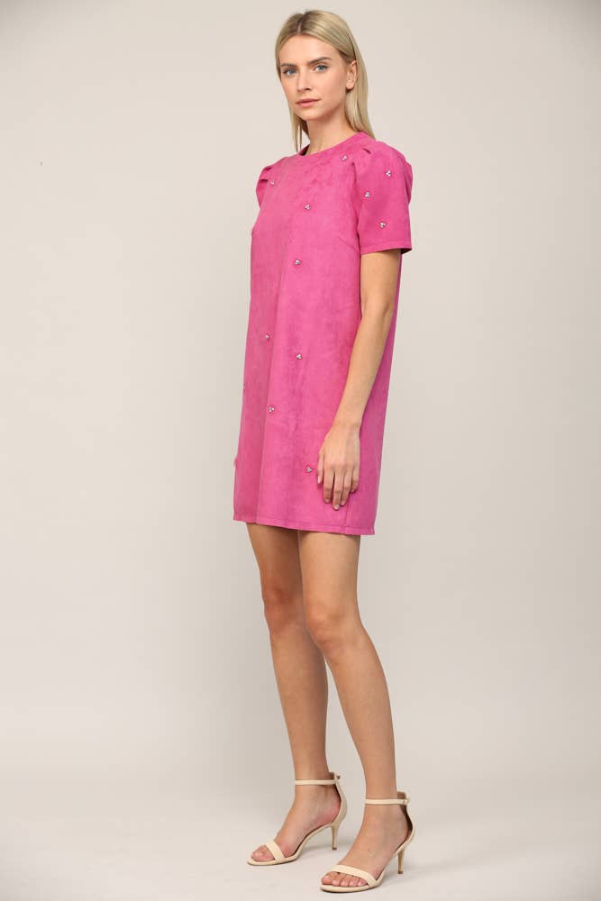 Bubblegum Pink Jewel Embellished Puff Sleeve Shift Dress