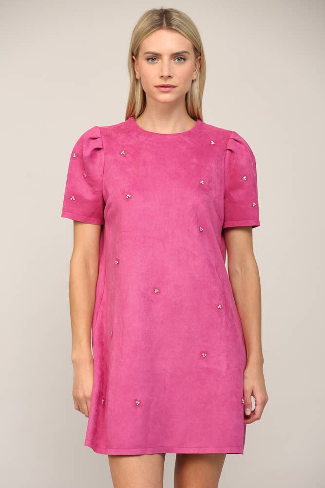 Bubblegum Pink Jewel Embellished Puff Sleeve Shift Dress