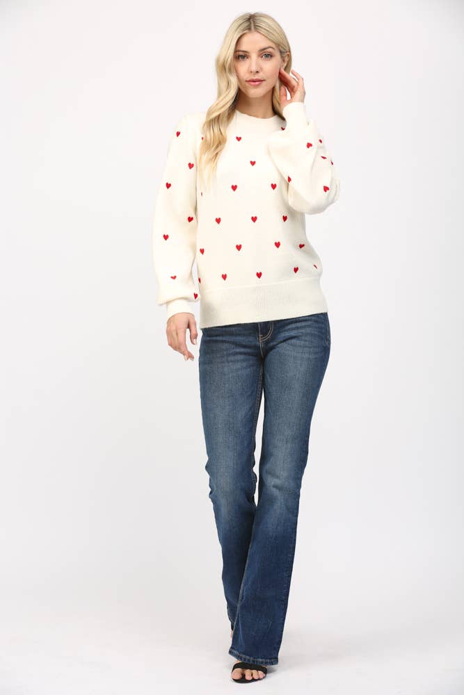 Cream Sweater with Embroidered Red Hearts