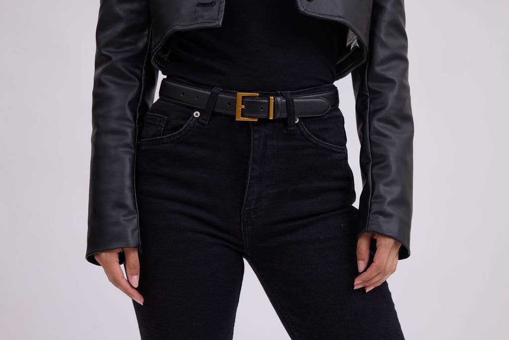 Black Leather Belt with Gold Square Buckle