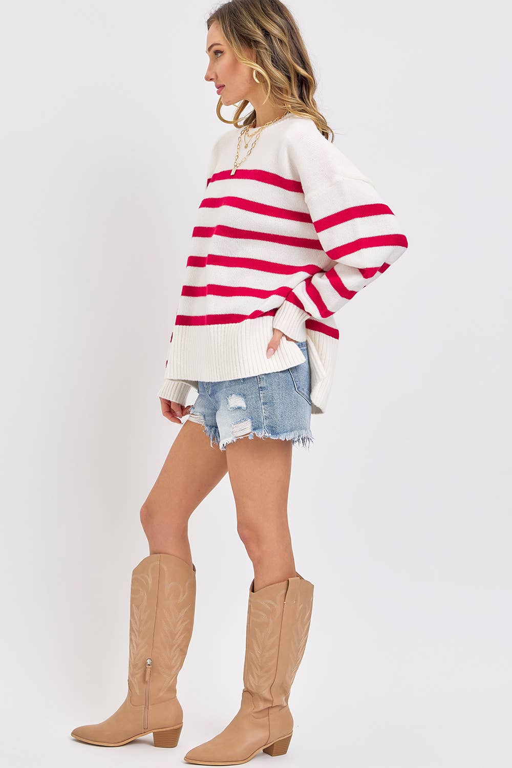 Red/Ivory Striped Pullover Oversized Sweater