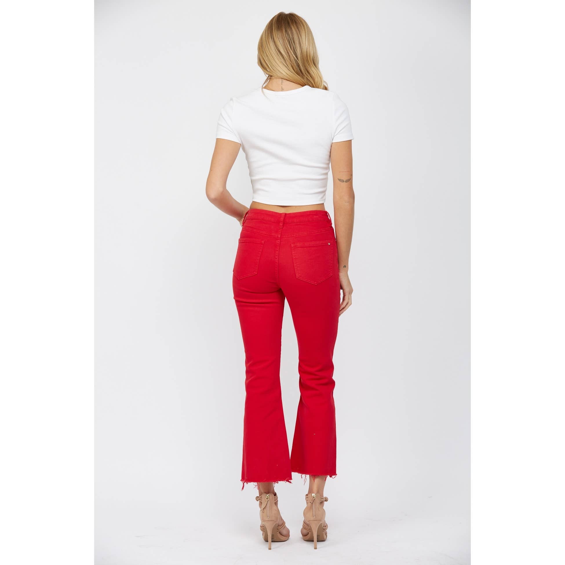 Red High Rise Ankle Flare Jeans