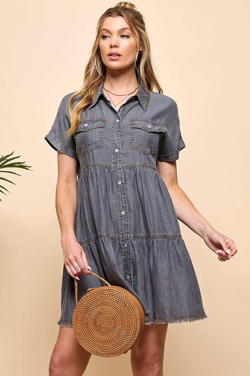 Chambray Tiered Button Down Mini Dress