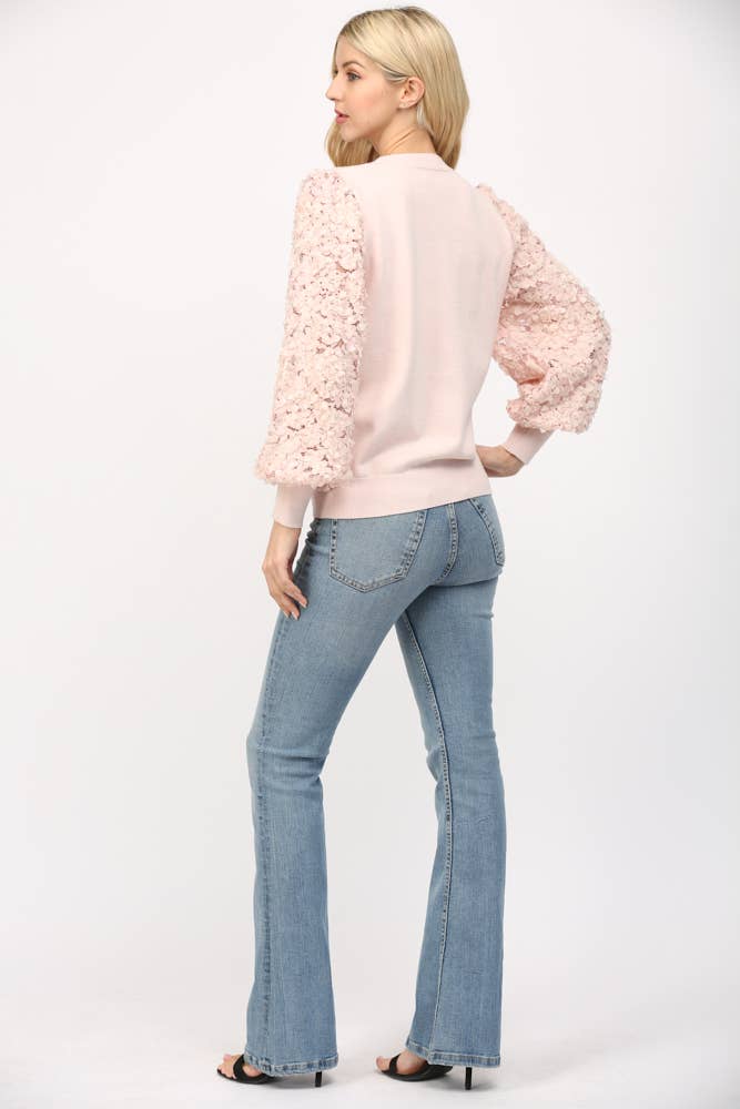 Cream Floral Lace Sleeve Crew Neck Sweater