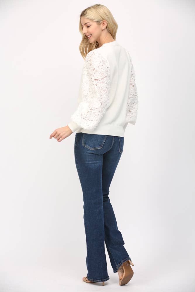 Cream Floral Lace Sleeve Crew Neck Sweater