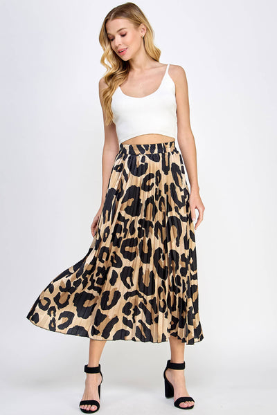 Leopard Print Pleated Midi Skirt