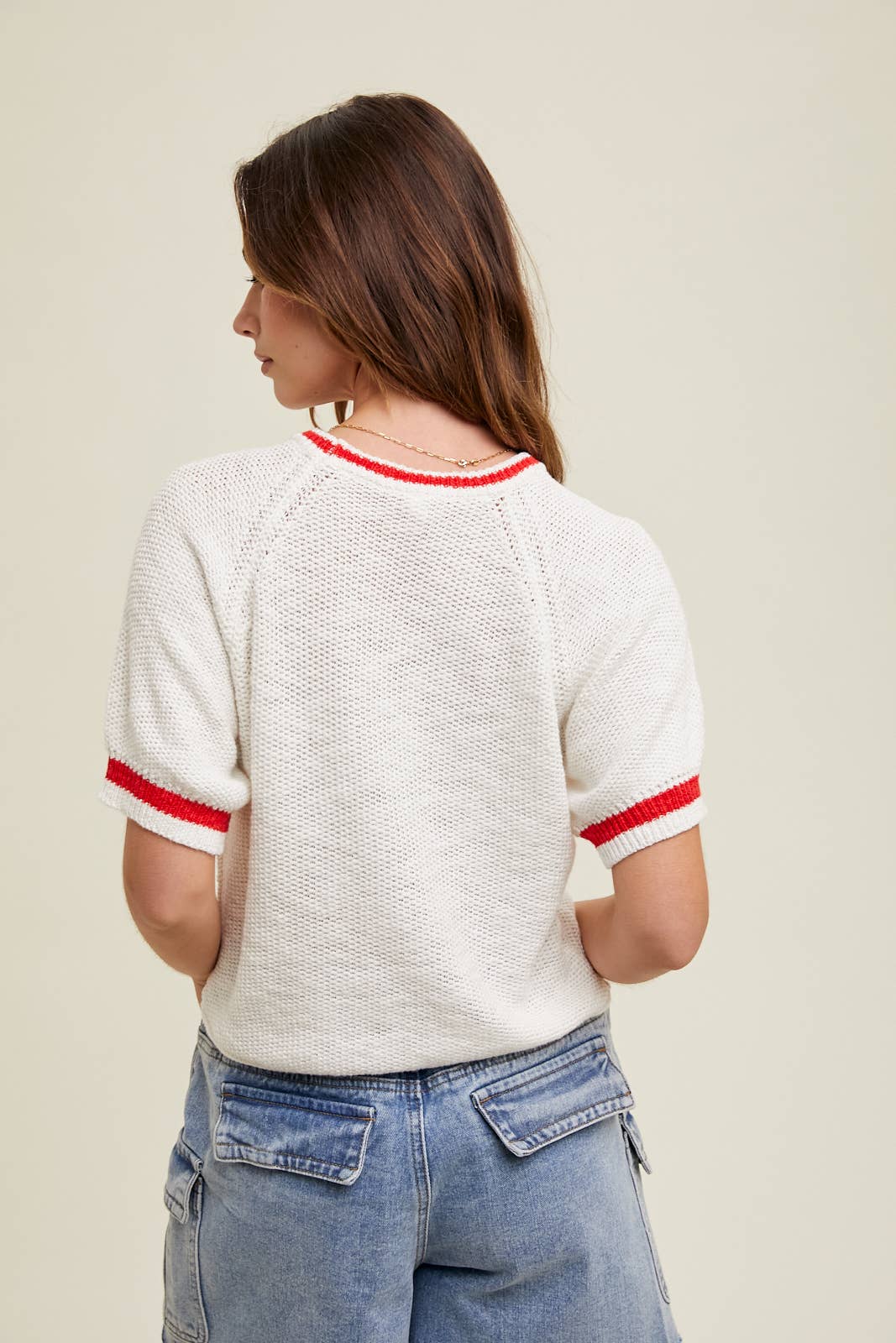 White with Red Short Sleeve Varsity Sweater