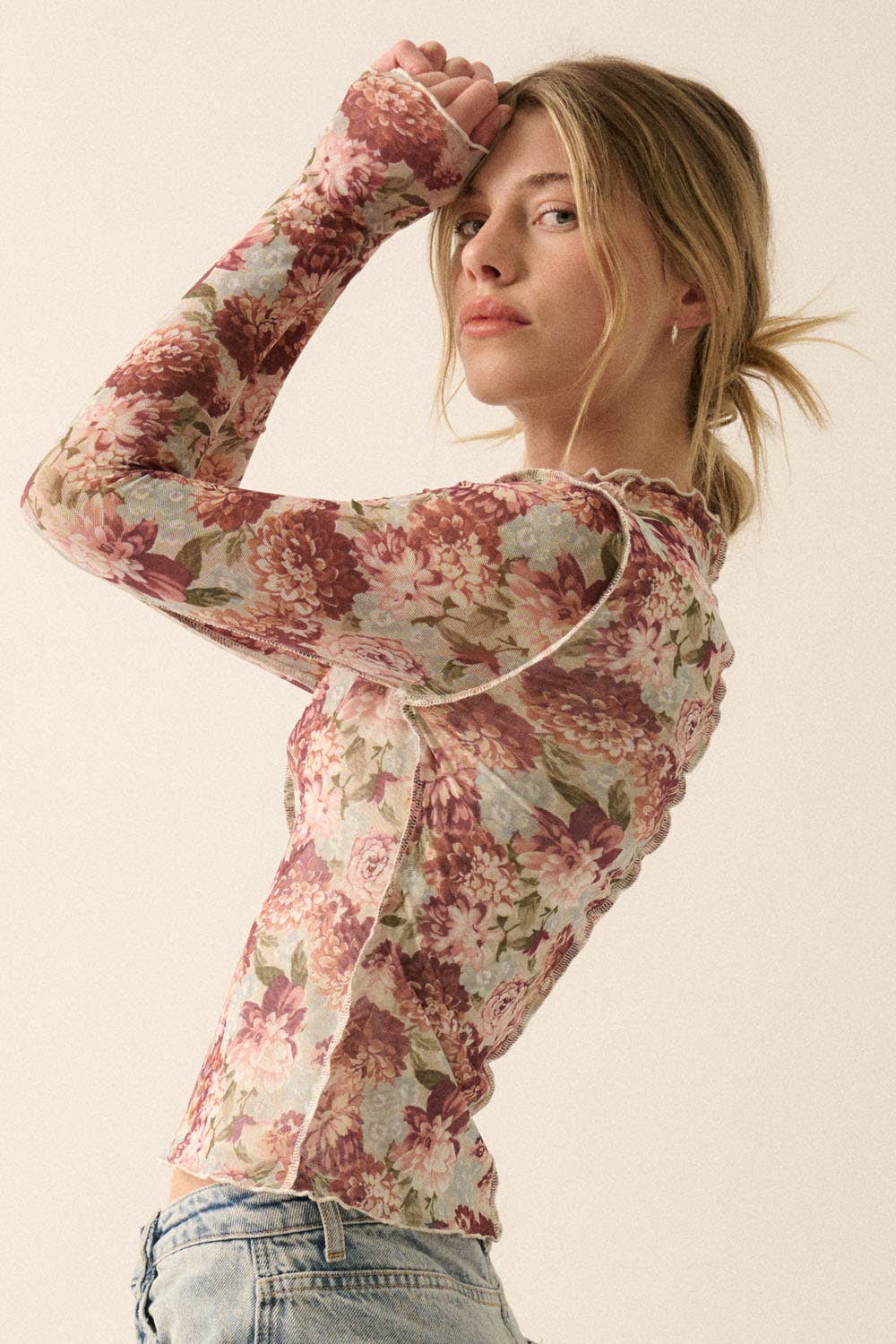 Floral Mesh Exposed-Seam Knit Top