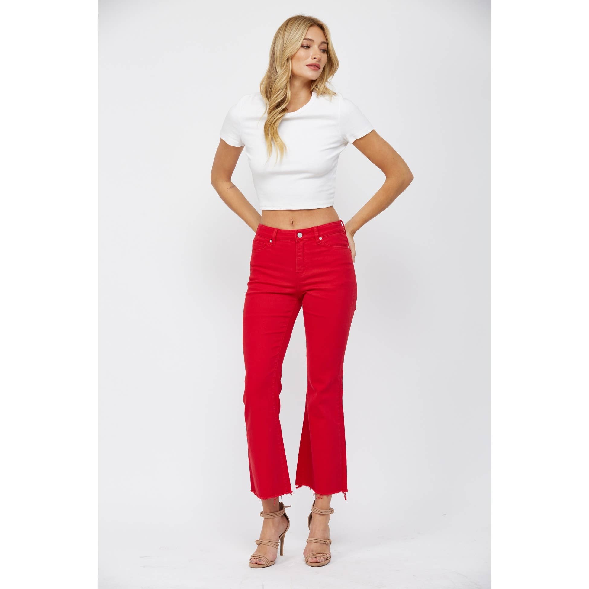 Red High Rise Ankle Flare Jeans