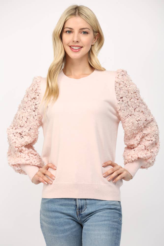 Cream Floral Lace Sleeve Crew Neck Sweater