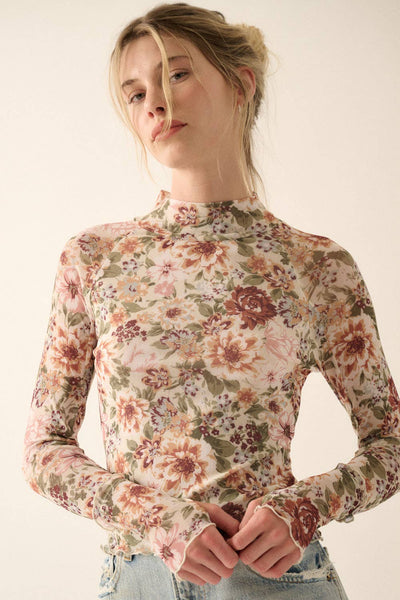 Floral Mesh Lettuce-Edge Mock Neck Top