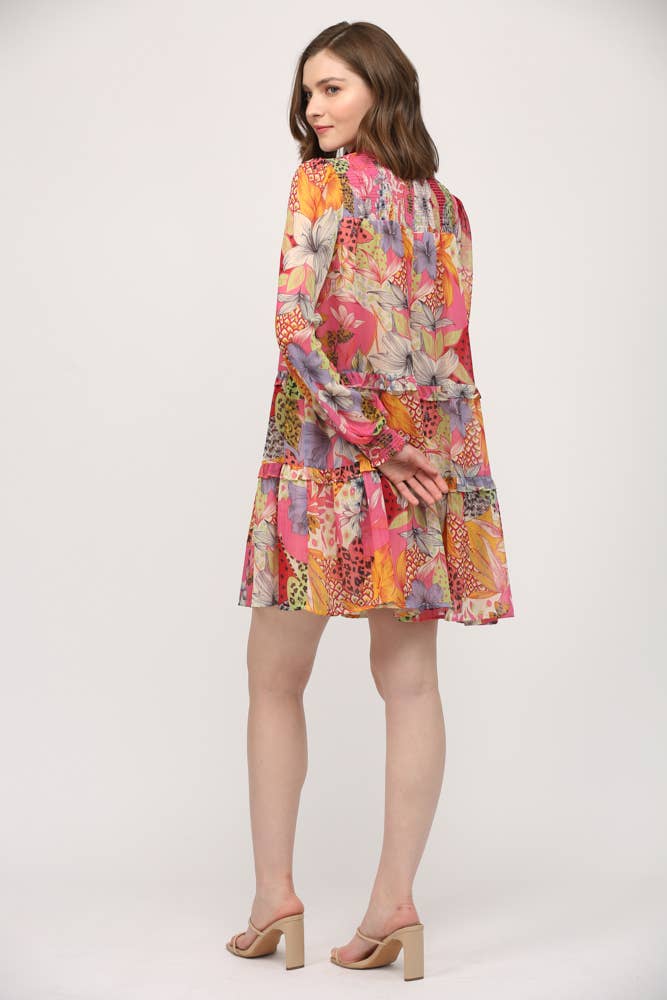 Mixed Floral Chiffon Smocked Yoke High Neck Dress