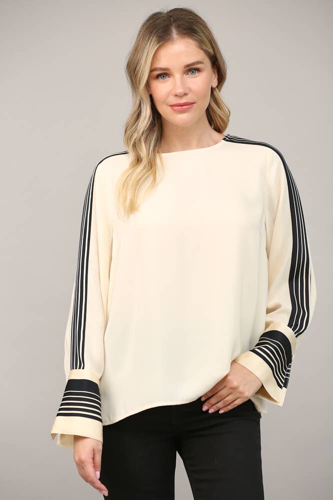 Ivory Black Contrast Stripe Detail Blouse