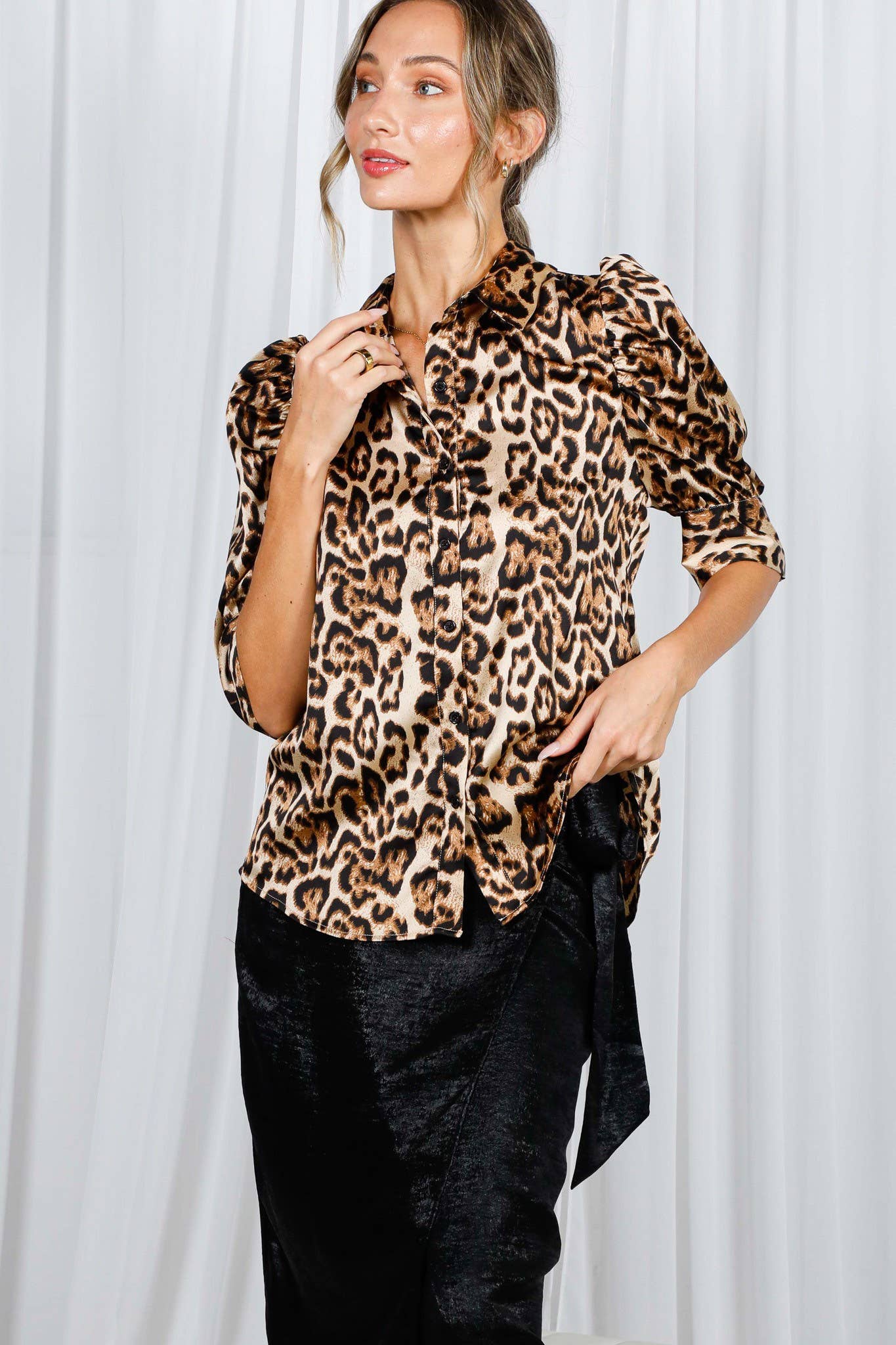 Leopard Print Collared Puff Sleeve Satin Blouse