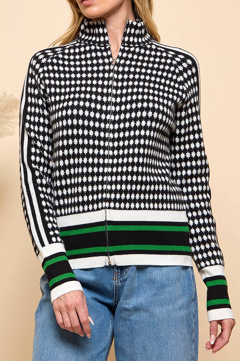 Black White Racing Stripe Zip Up Sweater