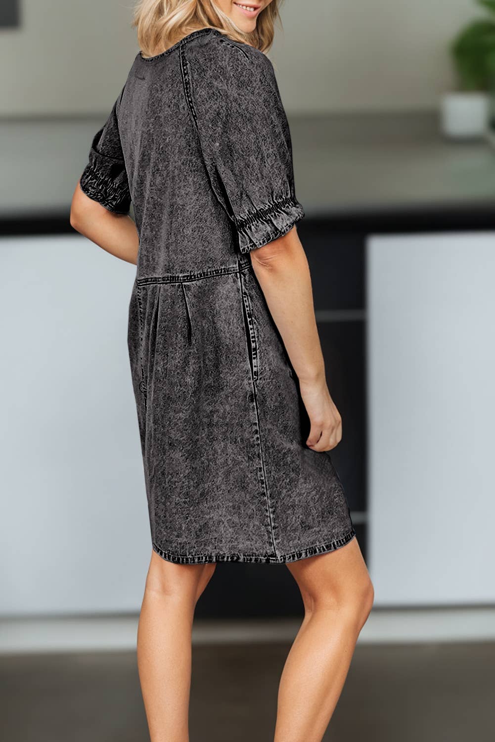 Women Mineral Wash Ruffled Buttoned Denim Dress