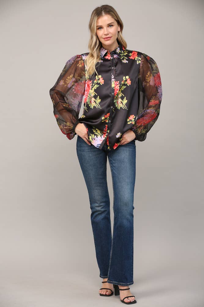 Black Floral Satin Organza Sleeve Blouse