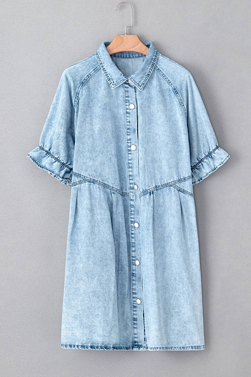 Women Mineral Wash Ruffled Buttoned Denim Dress