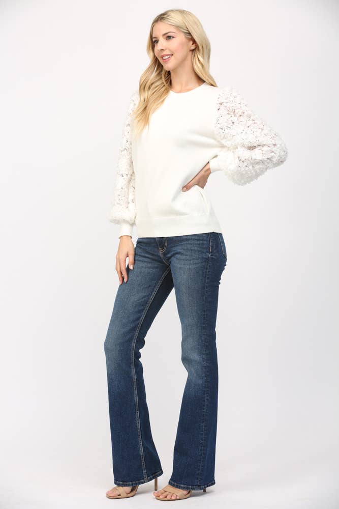 Cream Floral Lace Sleeve Crew Neck Sweater