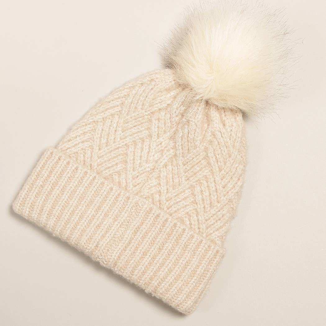 Chevron Knit Cuff Beanie w Faux Fur Pom