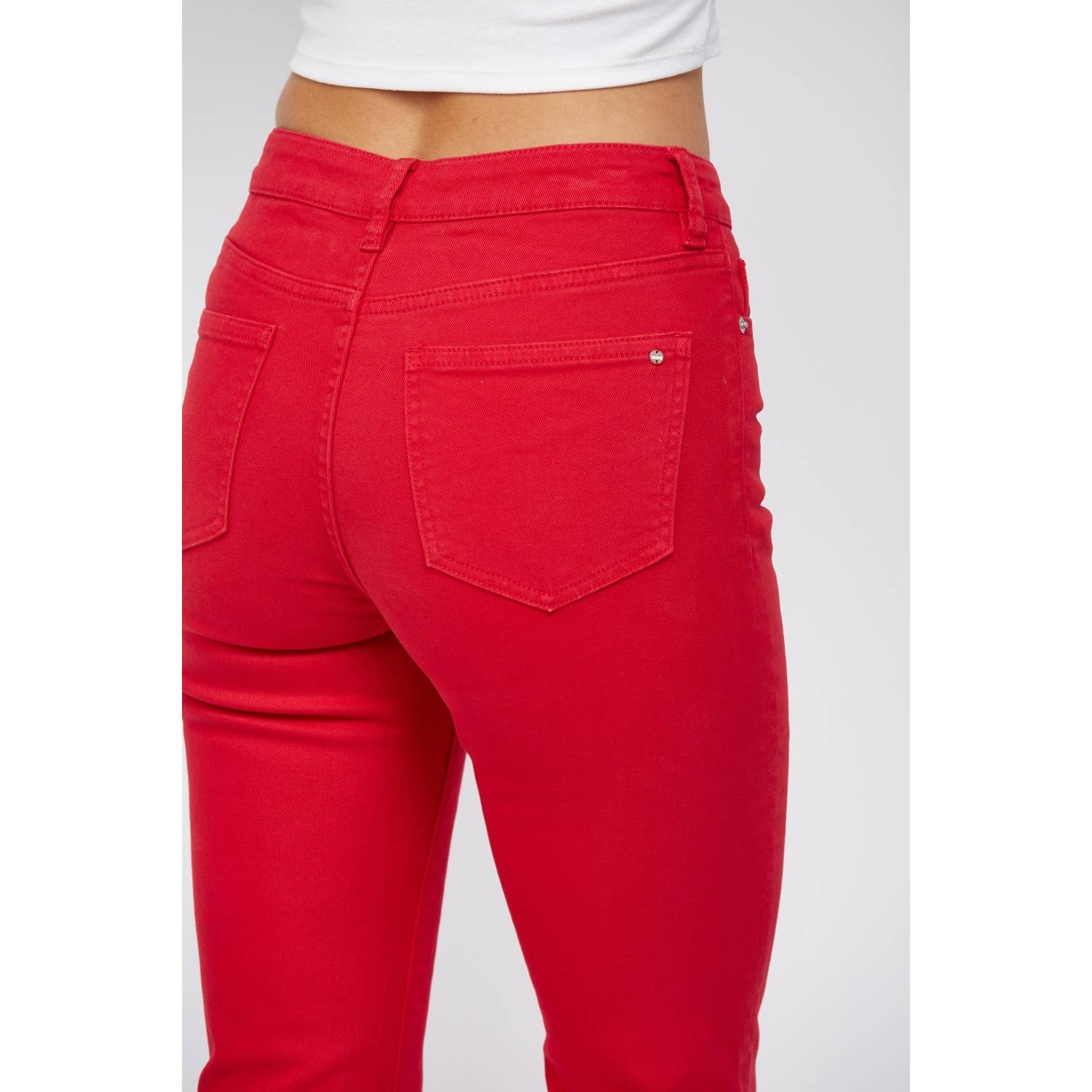 Red High Rise Ankle Flare Jeans