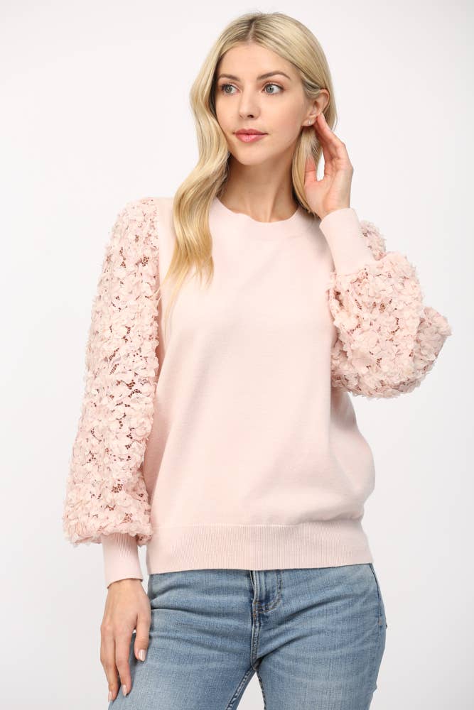 Cream Floral Lace Sleeve Crew Neck Sweater