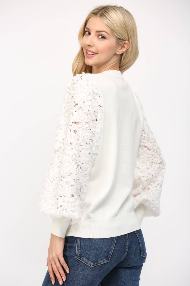 Cream Floral Lace Sleeve Crew Neck Sweater