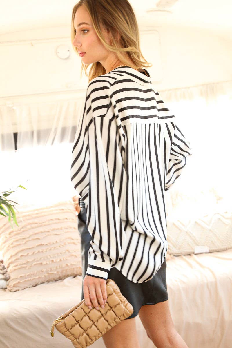 Ivory Black Stripe Satin Button Down Blouse