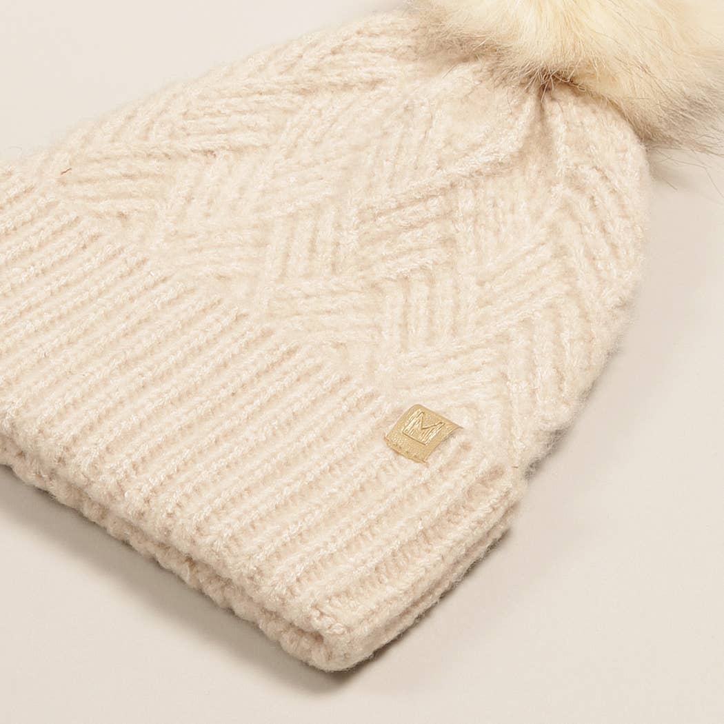 Chevron Knit Cuff Beanie w Faux Fur Pom