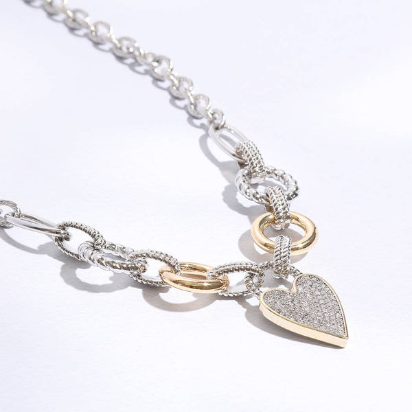 Pave Heart Charm Link Chain Necklace