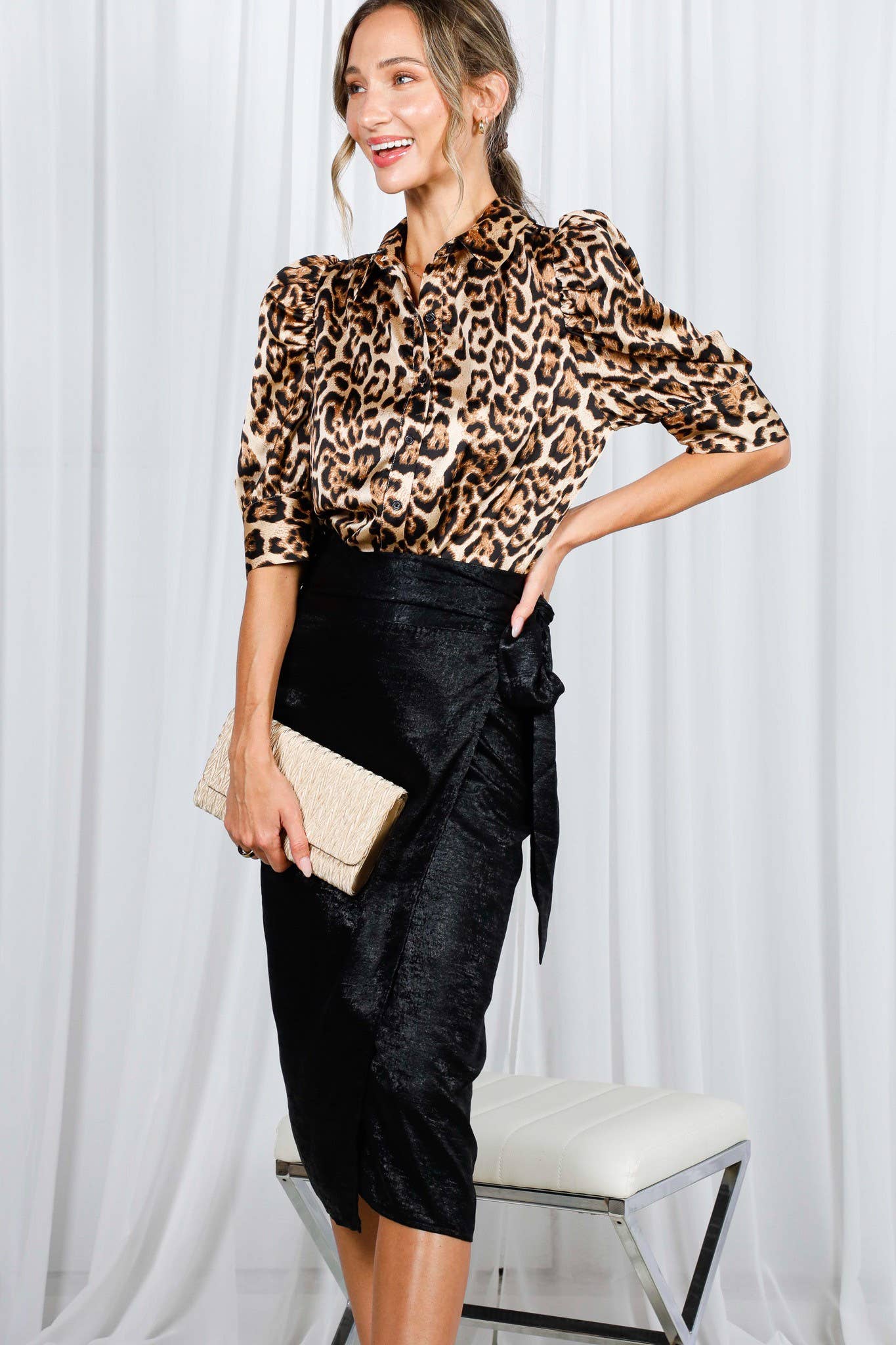 Leopard Print Collared Puff Sleeve Satin Blouse