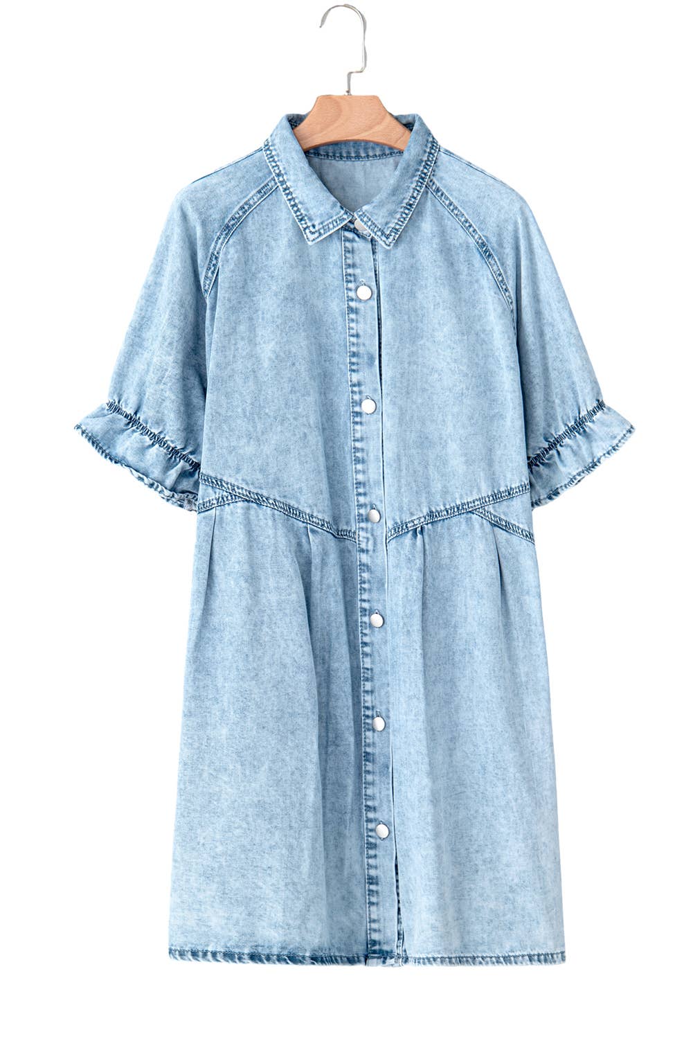 Women Mineral Wash Ruffled Buttoned Denim Dress