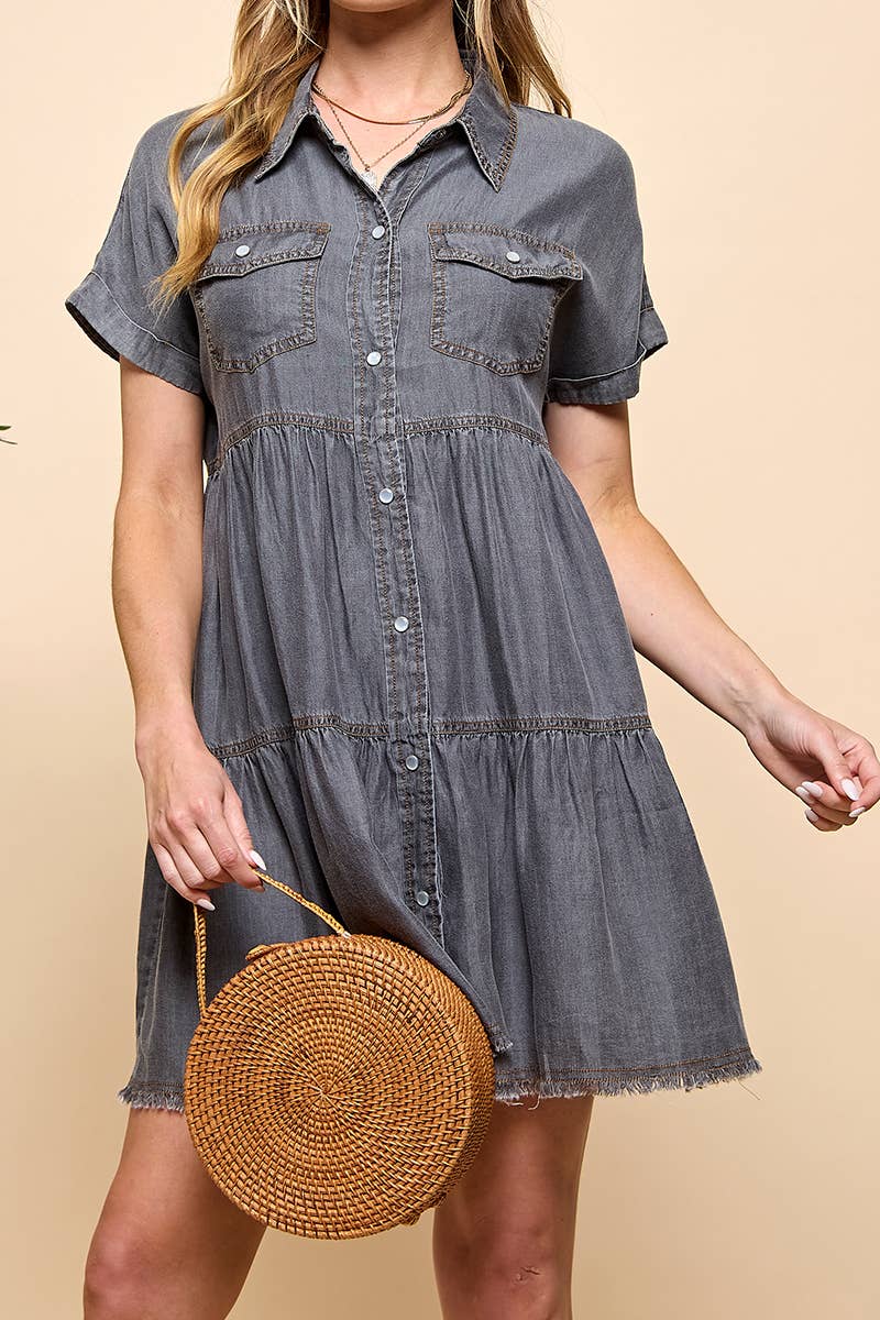 Chambray Tiered Button Down Mini Dress