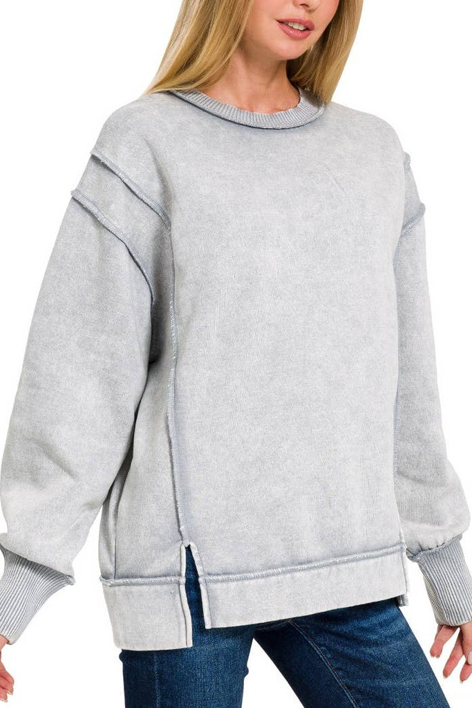 Acid Wash Exposed-Seam Fleece Sweatshirt