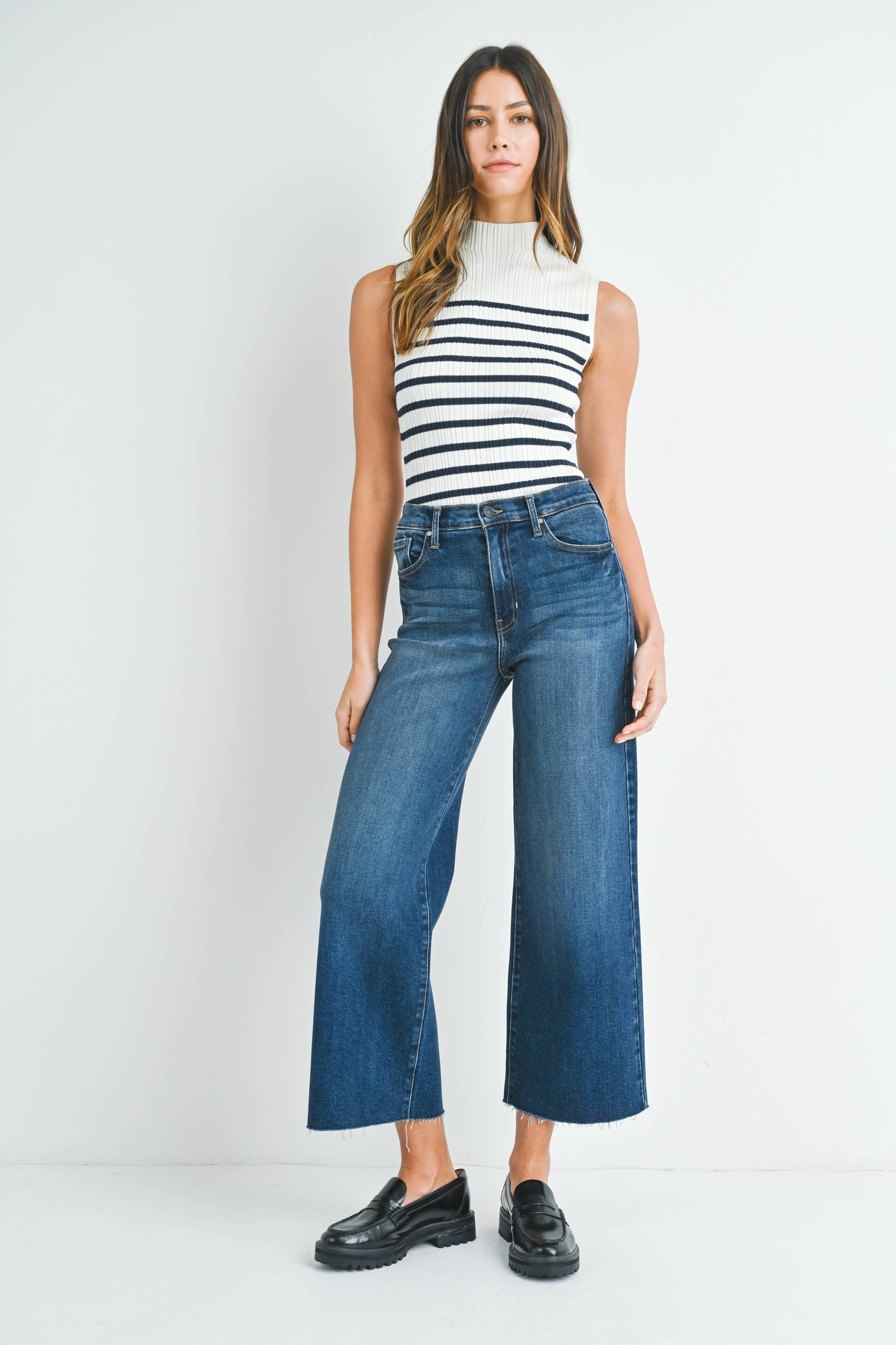 Dark Denim Scissor Cut Wide Leg Ankle Jeans