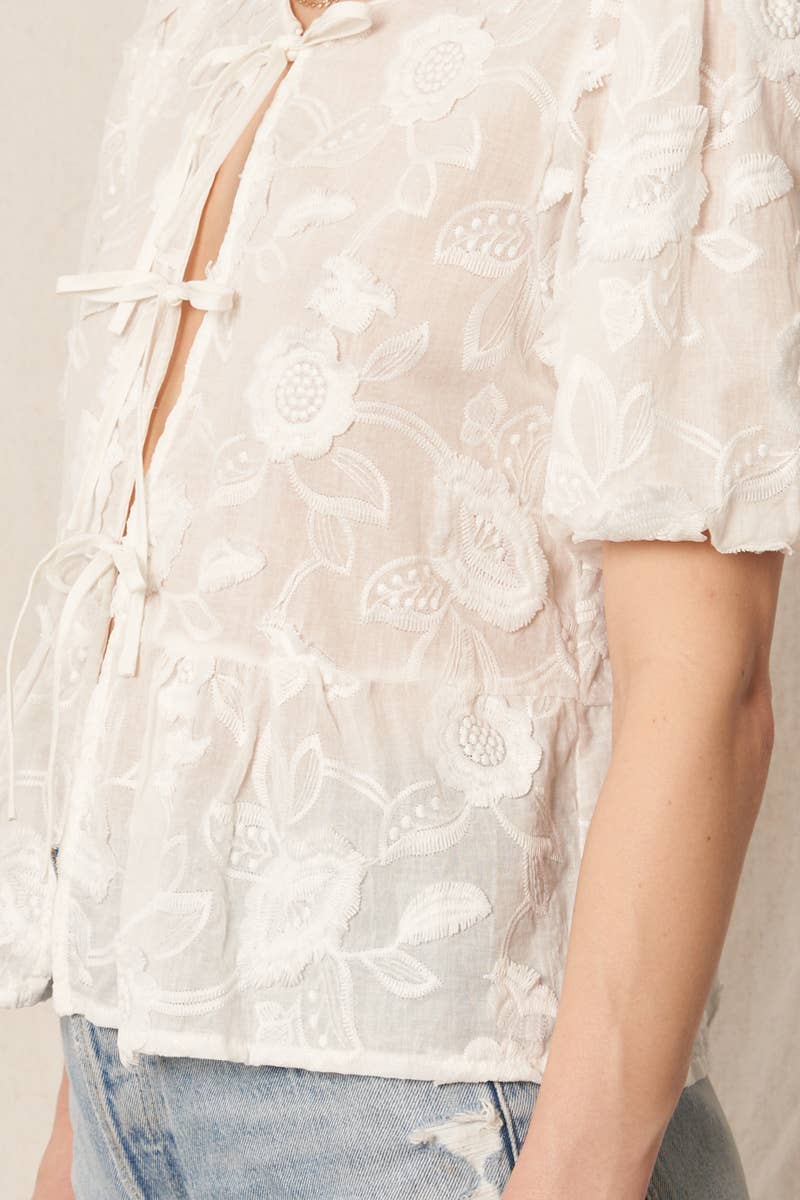 White Puff Sleeve Flower Ribbon Top