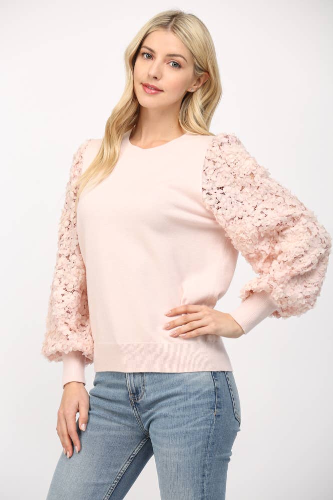 Cream Floral Lace Sleeve Crew Neck Sweater