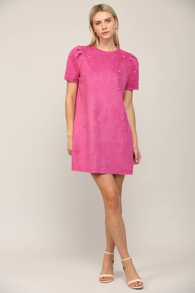 Bubblegum Pink Jewel Embellished Puff Sleeve Shift Dress