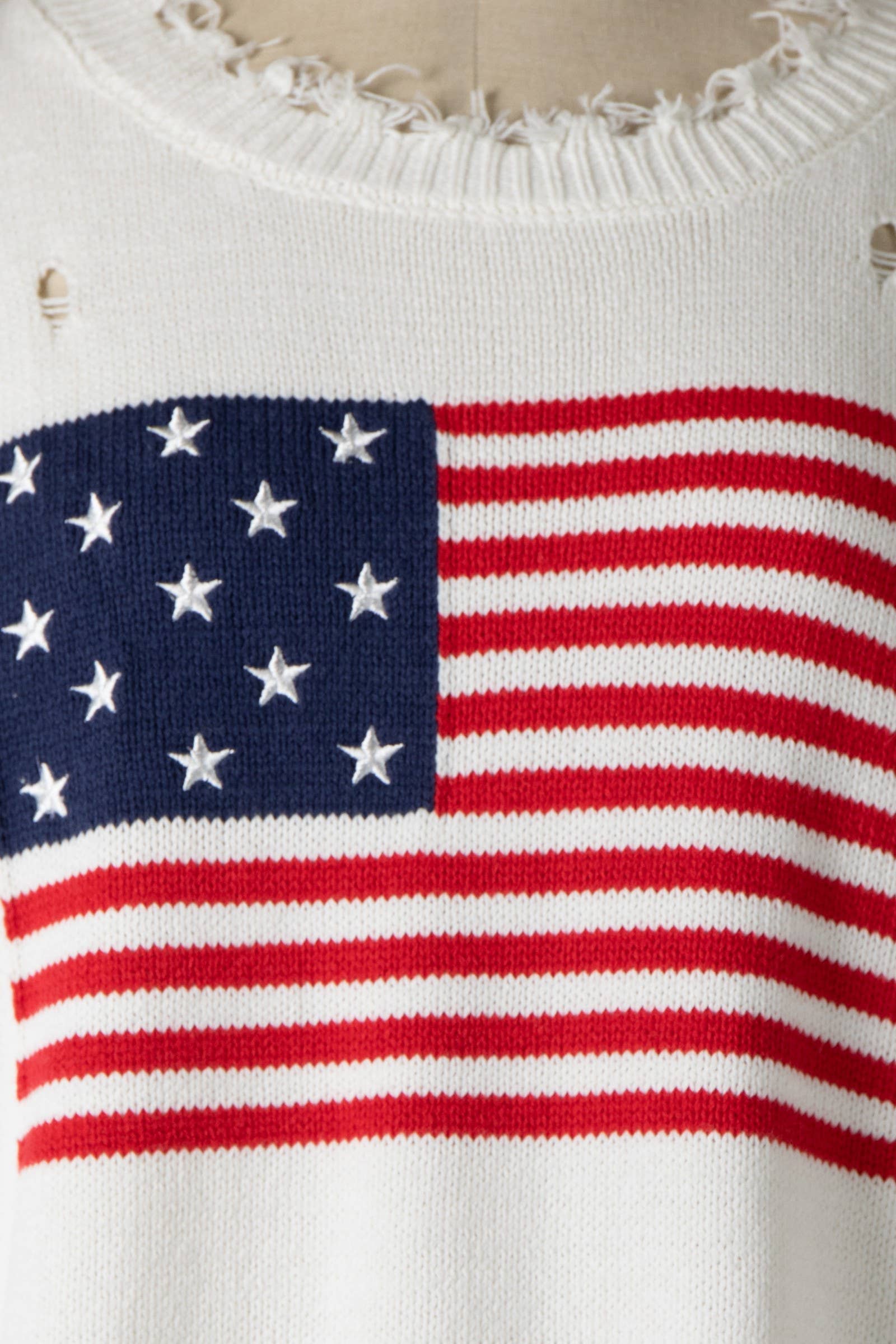 Ivory Distressed Flag Stars Stripes Sweater