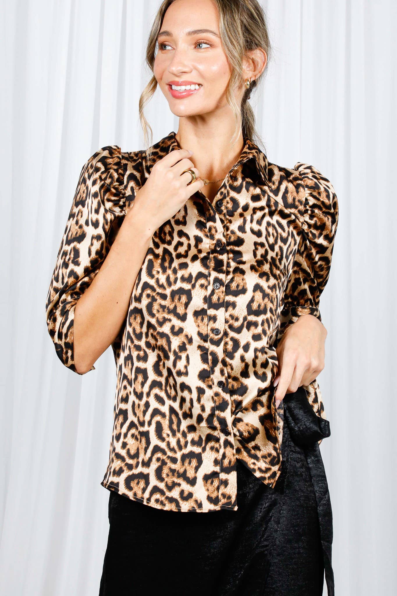 Leopard Print Collared Puff Sleeve Satin Blouse